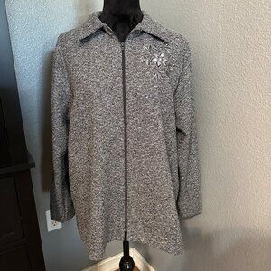 BonWorth Jacket L Gray Zip Up Embroidered Floral Long Sleeve Textured Knit Lagom